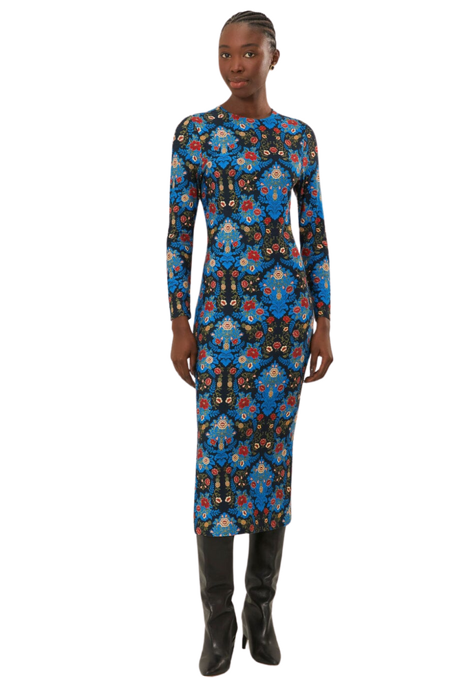 Blue Arabesque Floral Jersey Midi Dress