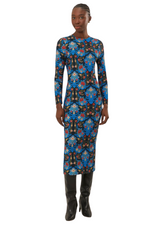 Blue Arabesque Floral Jersey Midi Dress