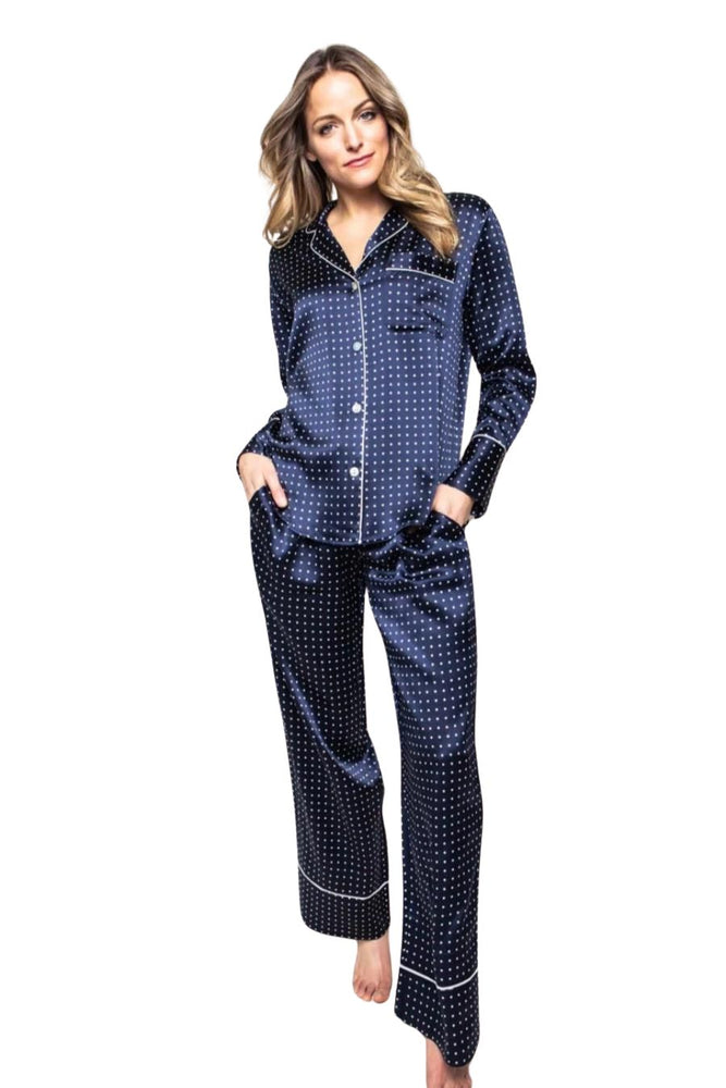 Silk Women's Polka Dot Luxe Pajama in Navy Blue