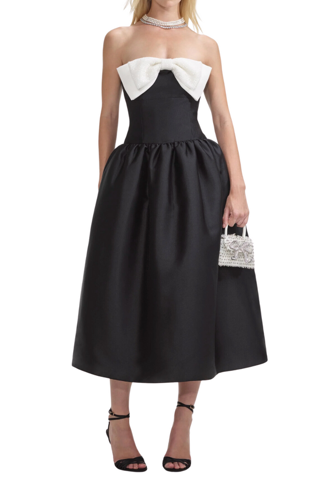 Black Taffeta Contrast Bow Midi Dress