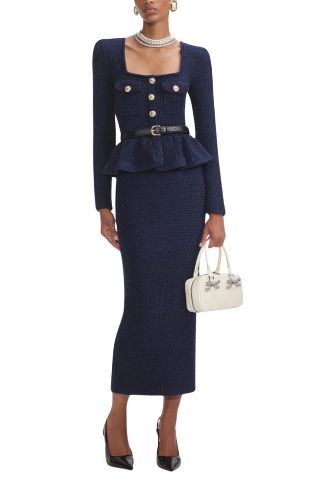 Navy Knit Peplum Midi Dress