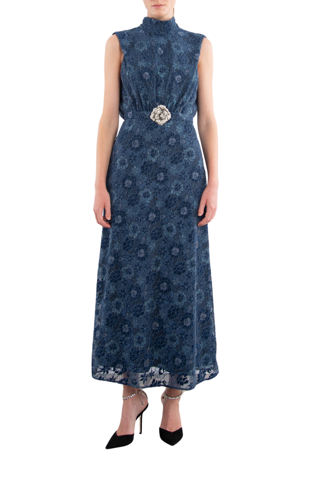 Fleur Lace Dress in Metallic Navy Rose