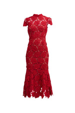 Flower Lace Short-Sleeve Trumpet Midi Dress in Red