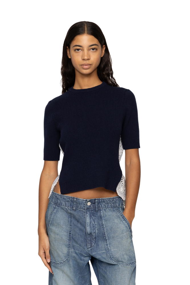 Lennon Embroidery Short Sleeve Top in Navy