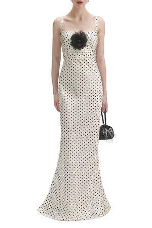 Cream Polka Dot Satin Maxi Dress