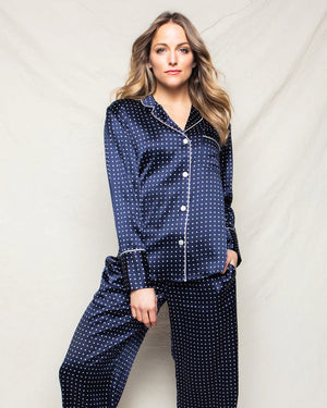 Silk Women's Polka Dot Luxe Pajama in Navy Blue