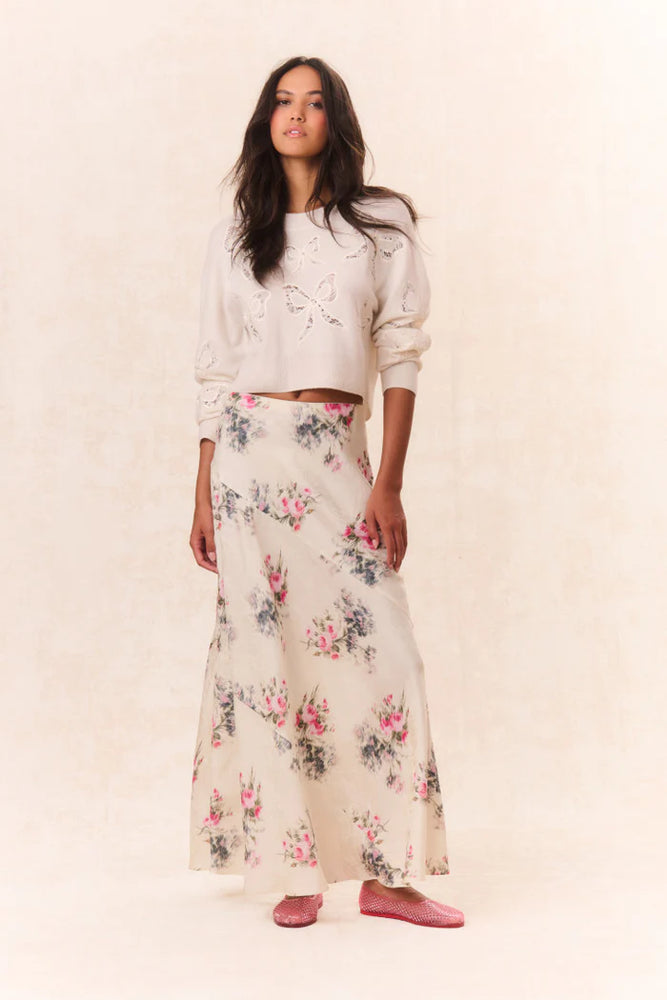 Bertha Silk Floral Maxi Skirt in French Ivory