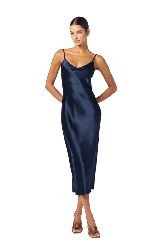 Taylor Midi V-Neck Dress in Midnight Navy