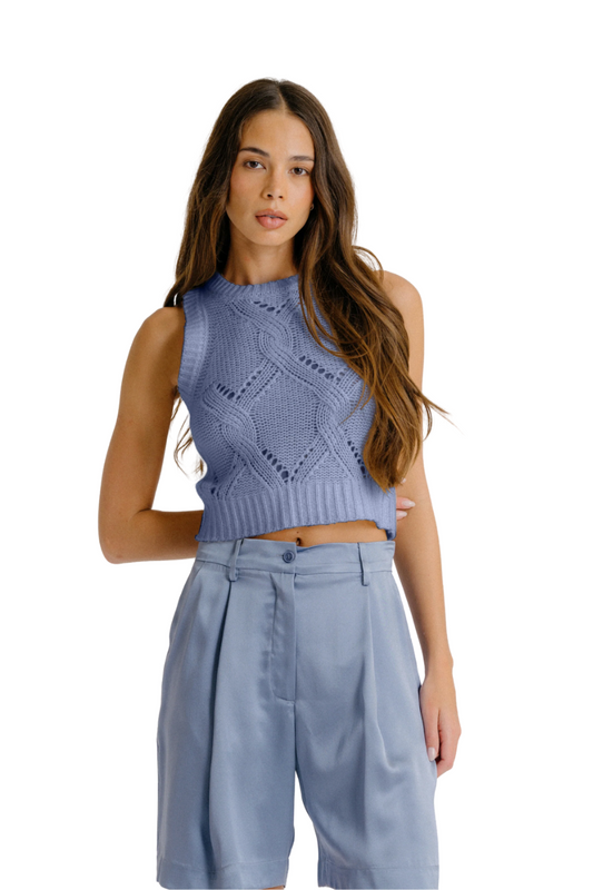 Kara Shrunken Cable Knit Tank in Periwinkle Blue