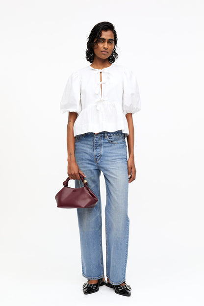 Cotton Poplin Peplum Tie Blouse in White