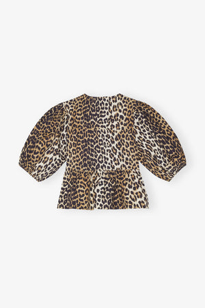 Leopard Cotton Poplin Peplum Tie Blouse