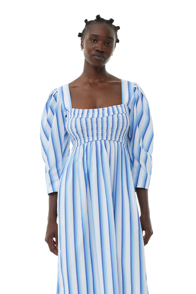 Blue Striped Cotton Smock Long Dress