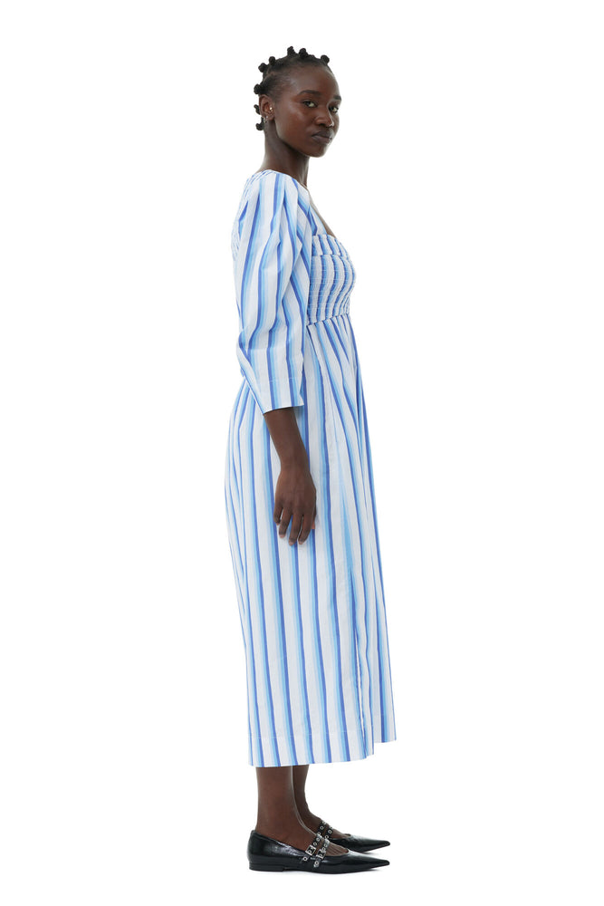 Blue Striped Cotton Smock Long Dress