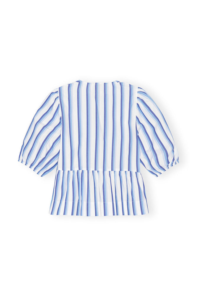 Blue Striped Cotton Poplin Peplum Tie Blouse