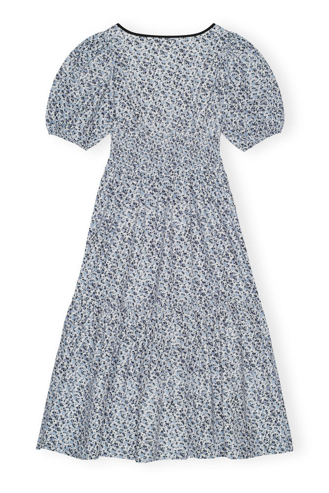 Blue Floral Printed Cotton Long Smock Dress