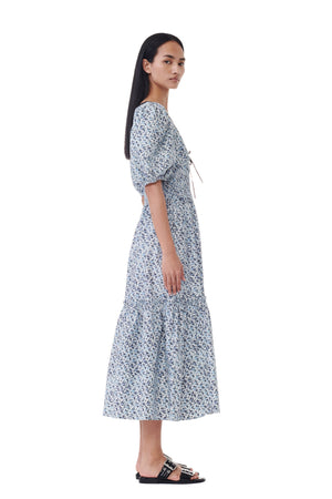 Blue Floral Printed Cotton Long Smock Dress