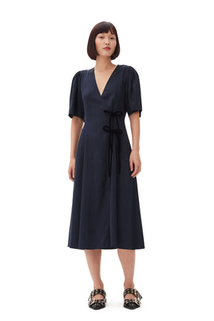 Navy Blue Viscose Twill Wrap Midi Dress