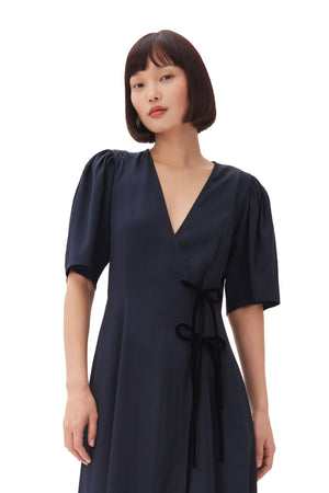 Navy Blue Viscose Twill Wrap Midi Dress