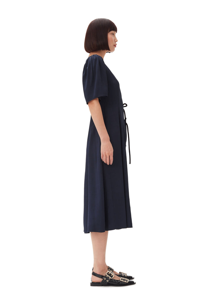 Navy Blue Viscose Twill Wrap Midi Dress