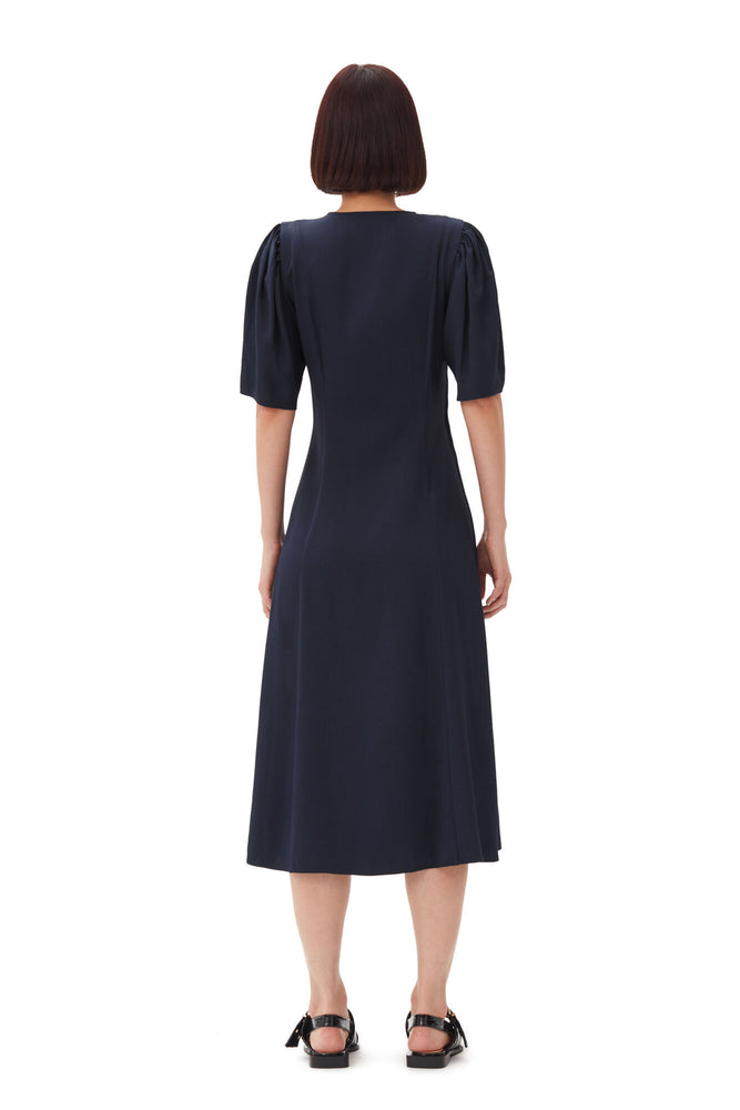 Navy Blue Viscose Twill Wrap Midi Dress