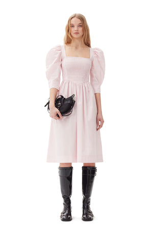 Pink Cotton Poplin Open Neck Smock Dress