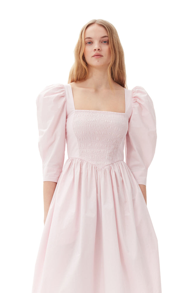 Pink Cotton Poplin Open Neck Smock Dress