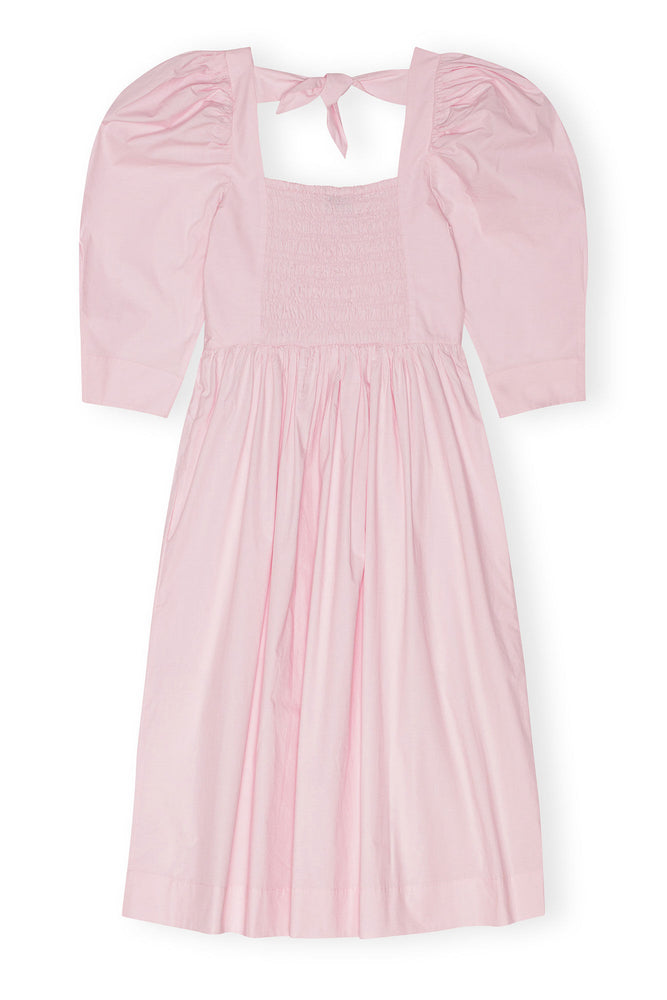 Pink Cotton Poplin Open Neck Smock Dress