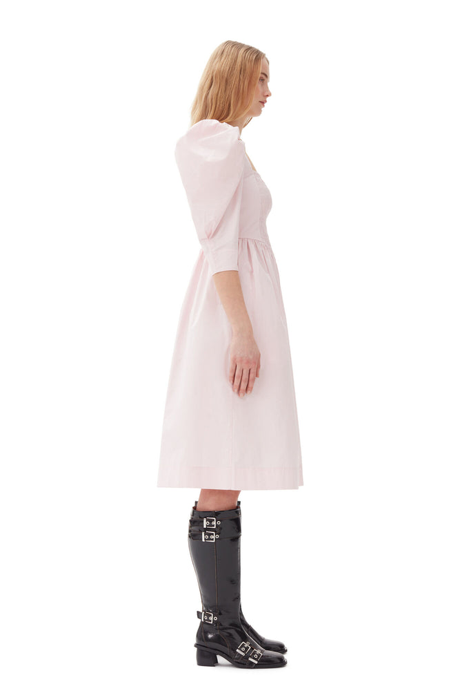 Pink Cotton Poplin Open Neck Smock Dress