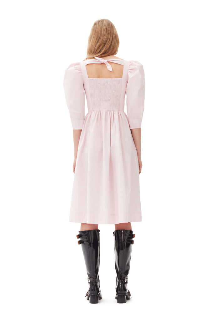 Pink Cotton Poplin Open Neck Smock Dress