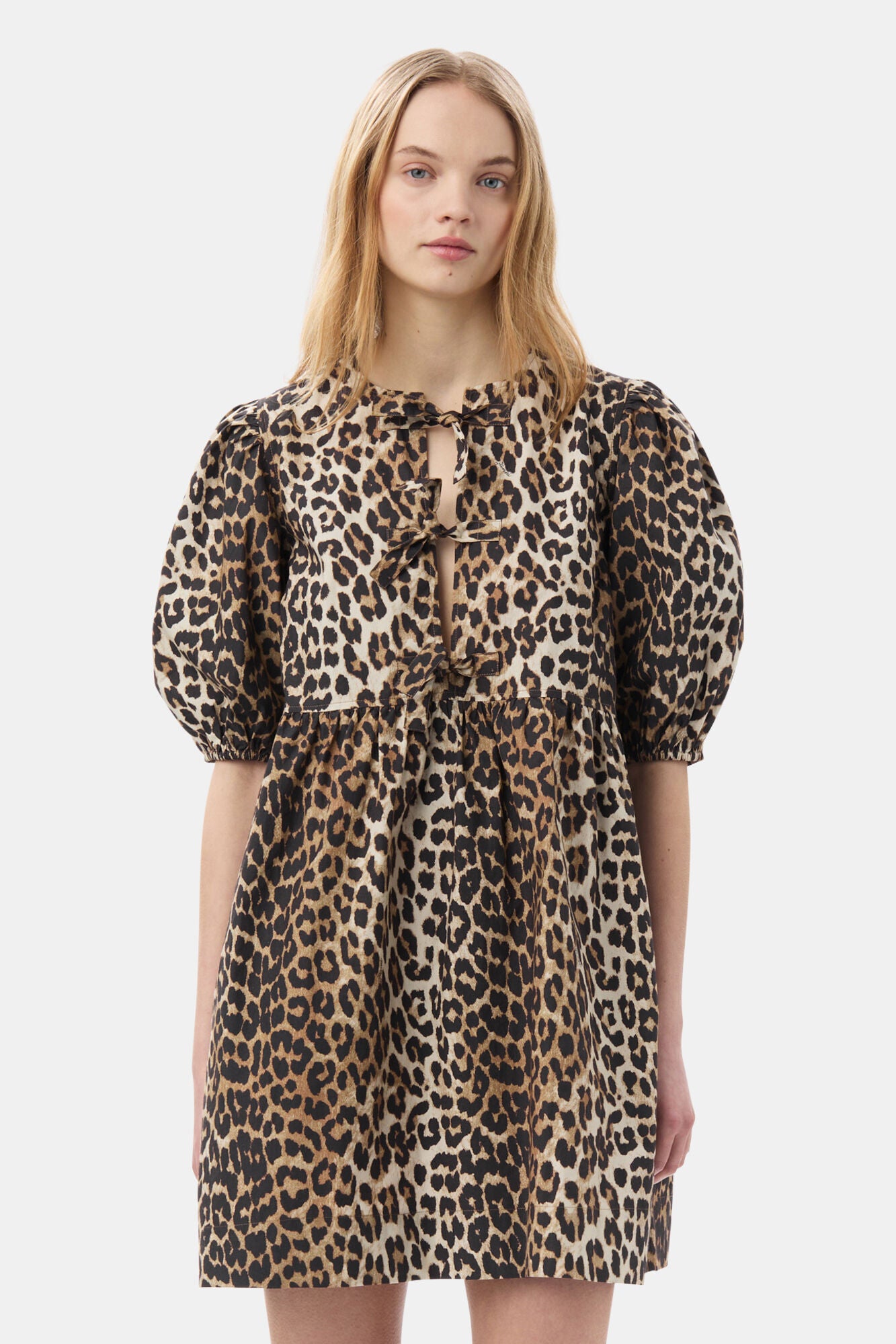 Leopard Printed Cotton Tie String Mini Dress