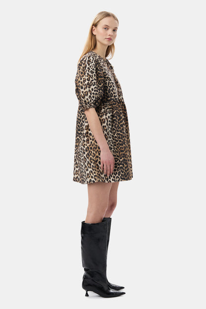Leopard Printed Cotton Tie String Mini Dress