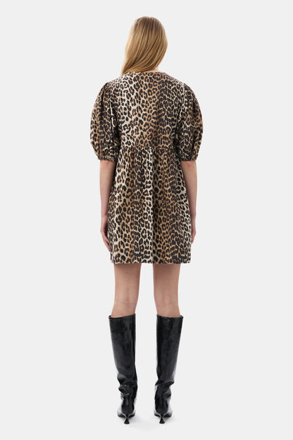 Leopard Printed Cotton Tie String Mini Dress