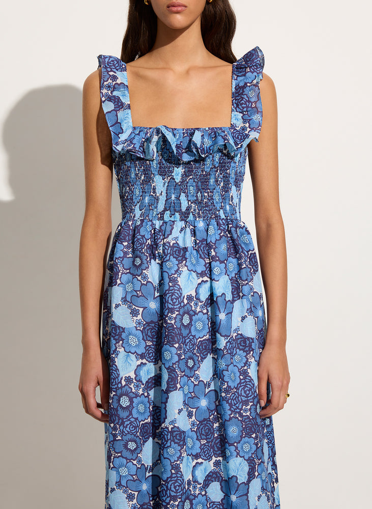 
            
                Load image into Gallery viewer, Sameera Midi Dress in La Mira Floral Blue
            
        