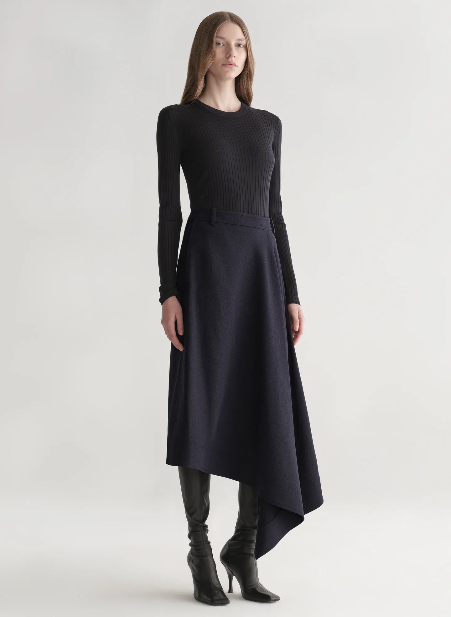 Gael Melange Twill Midi Skirt in Navy Melange