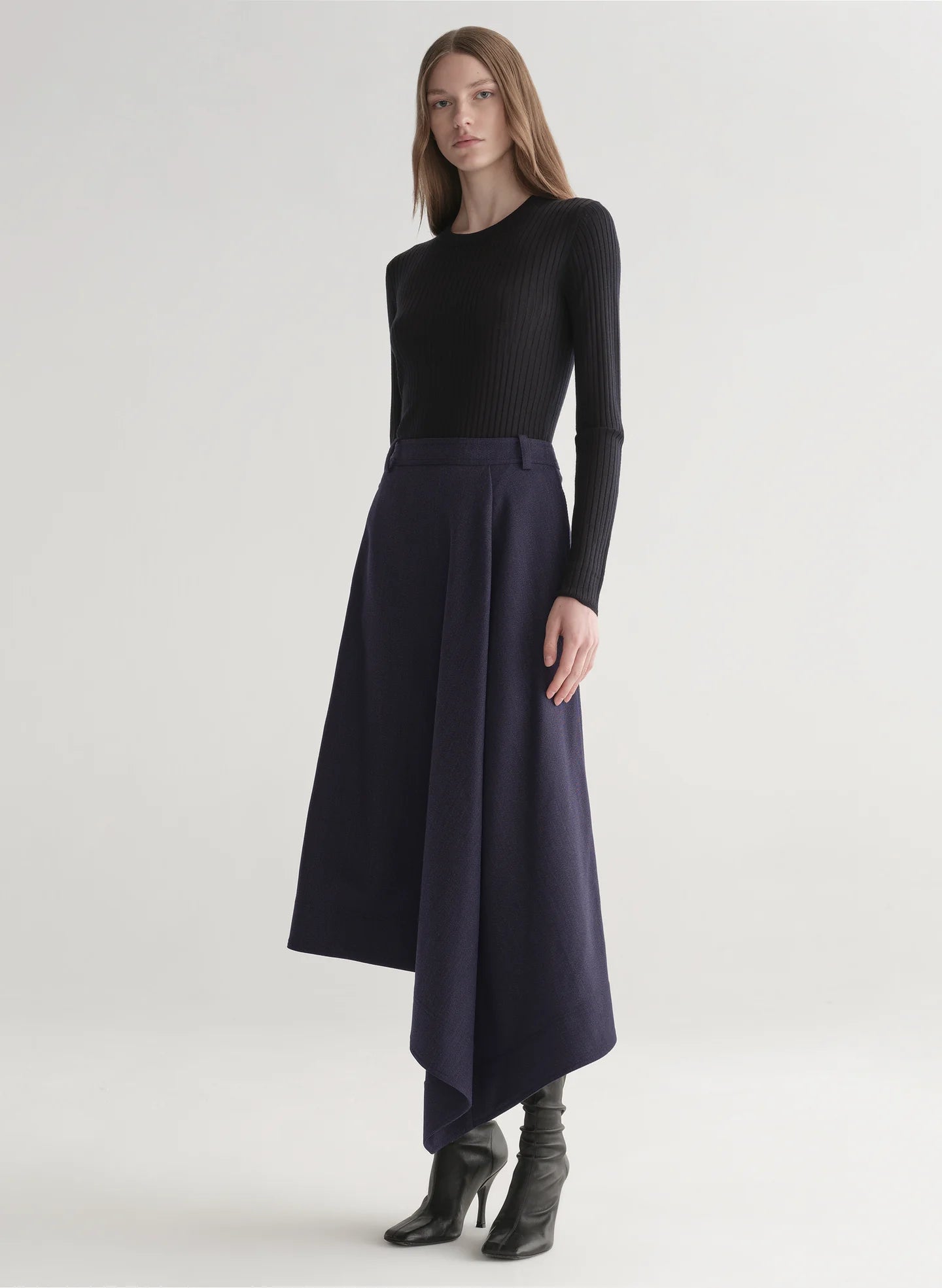 Gael Melange Twill Midi Skirt in Navy Melange