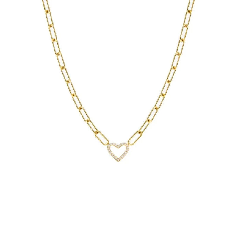 Pave Open Heart Paperclip Necklace