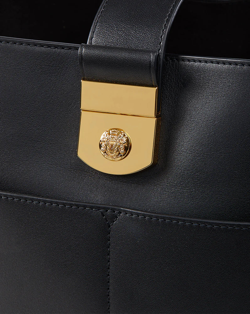 Small Crest Lock Bucket Bag in Black