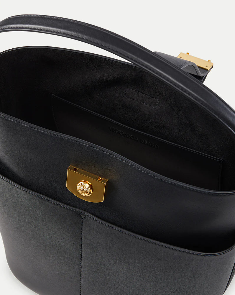 Small Crest Lock Bucket Bag in Black