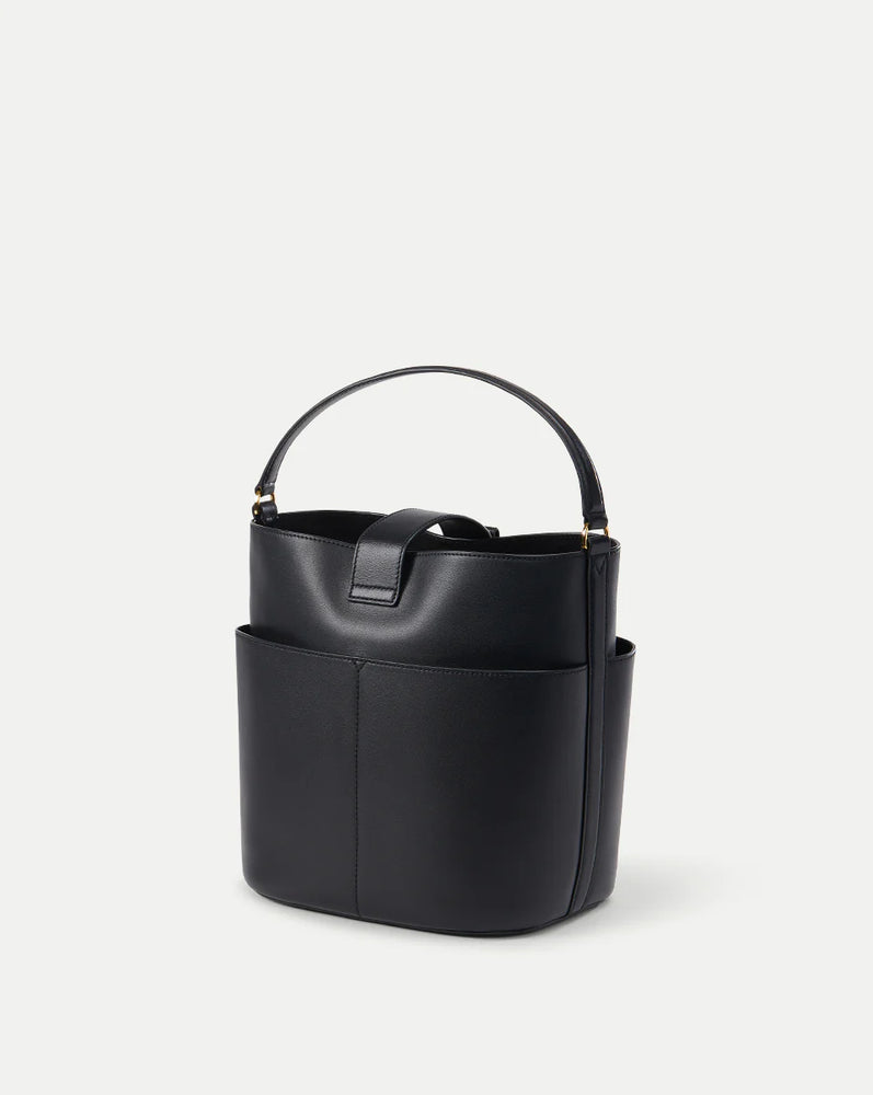 Small Crest Lock Bucket Bag in Black