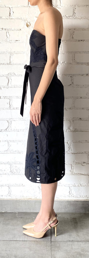 Lani Black Cotton Poplin Midi Dress with Tie Up Belt