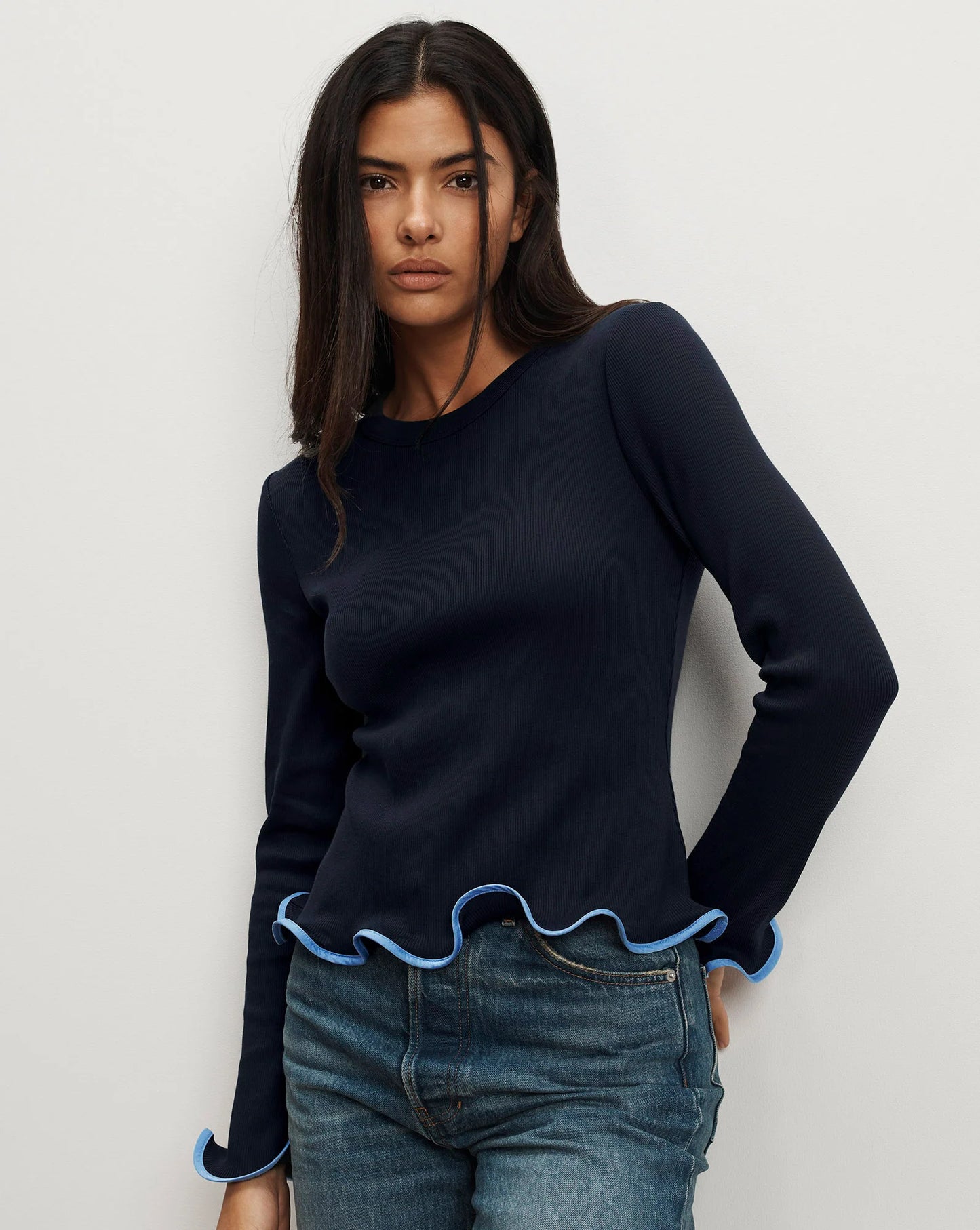 Elianne Ruffle-Trim T-Shirt in Navy