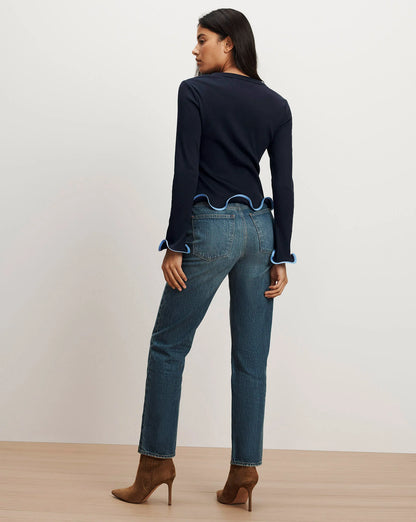 Elianne Ruffle-Trim T-Shirt in Navy