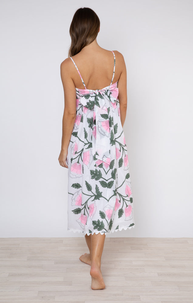 Tieback Midi Dress in Bellflower Printed White and Candy Dress