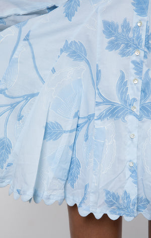 Pale Blue Bellflower Block Print Godet Dress