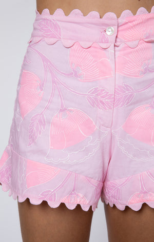 High Waist Shorts in Pale Pink Bellflower Block Print