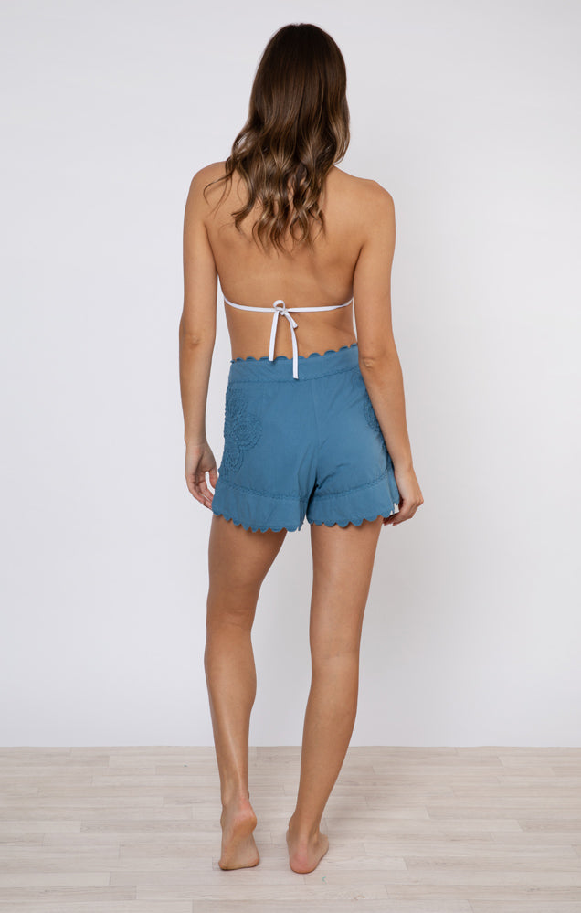 Poplin High Waisted Shorts with Ric Rac Embroidery in Denim