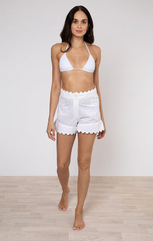 Poplin High Waisted Shorts with Ric Rac Embroidery in White