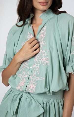Blouson Dress in Sage with Candy Embroidery