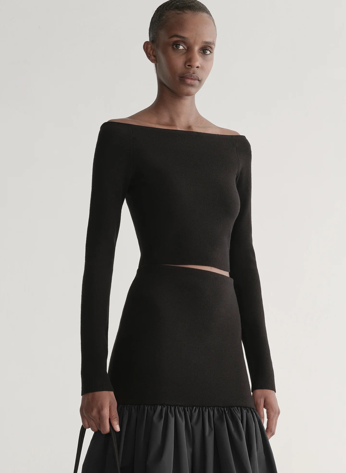 Jo Merino Off Shoulder Knit Top in Black