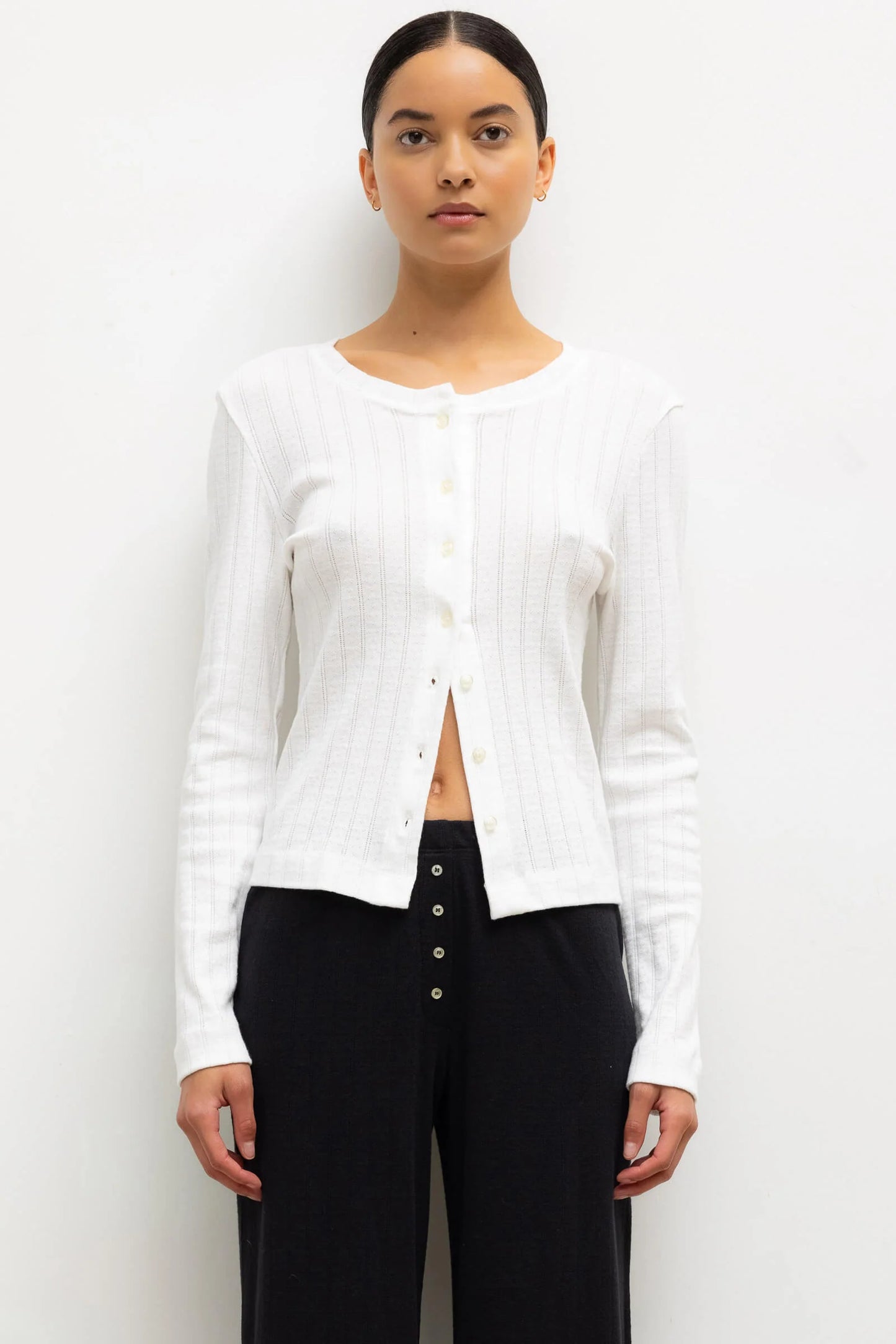 Pointelle Classic Crew Cardigan in White